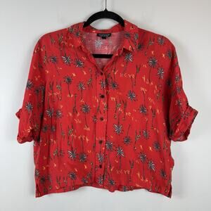 TopShop Women’s Cropped Button Up Top Sz 4 Red Printed Giraffe Tree Eclectic Art